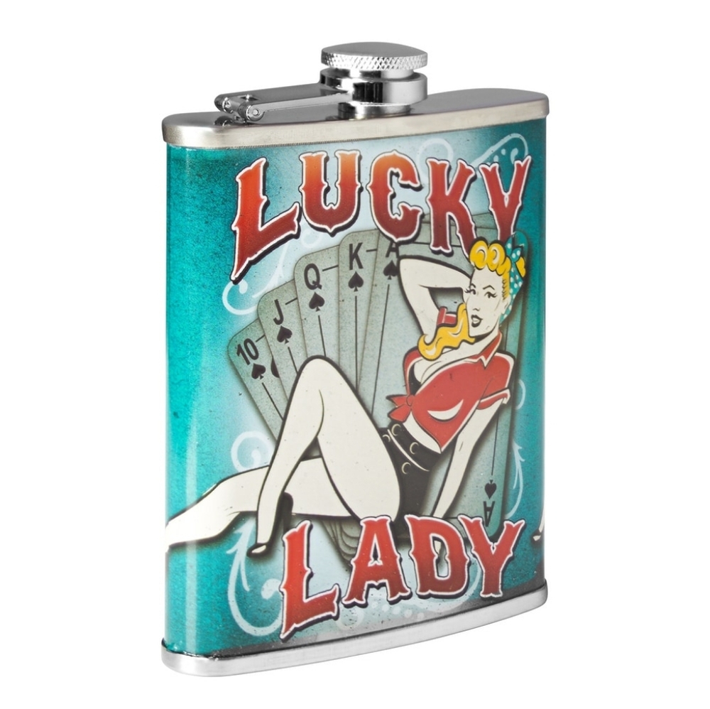 LUCKY LADY STAINLESS STEEL 8 OZ LIQUOR FLASK - Picture 3 of 5